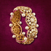 Gold finish Moissanite Polki & Synthetic Ruby Stone Bangle | 925 Sterling Silver | 18kt Gold Plated