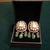 92.5 Pure Silver Moissanite Polki & Green Stones Earrings