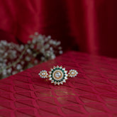 Gold Finish Moissanite Polki & Green Emerald Floral Ring in 925 Sterling Silver