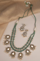 Black Rhodium Finish Moissanite Polki & Synthetic Emerald Stone Necklace Set In Sterling Silver
