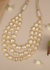 Gold Finish Moissanite Polki & Eurostar CZ Layered Necklace in Sterling Silver