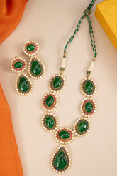Yellow Gold Finish Moissanite Polki & Emerald Necklace Set In Sterling Silver