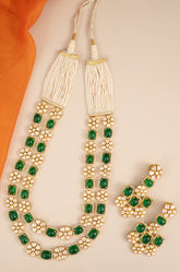 Gold Finish Moissanite Polki & Synthetic Emerald Long Necklace Set in Sterling Silver