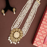 Black Rhodium Finish Moissanite Polki & Freshwater Pearl Necklace Set In Sterling Silver