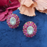 Gold Finish Moissanite Polki & Ruby Floral Studs in 925 Sterling Silver