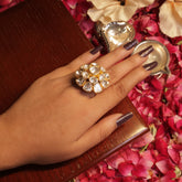 24 Ckt Gold Polished Moissanite Polki Floral Ring in 92.5 Pure Silver