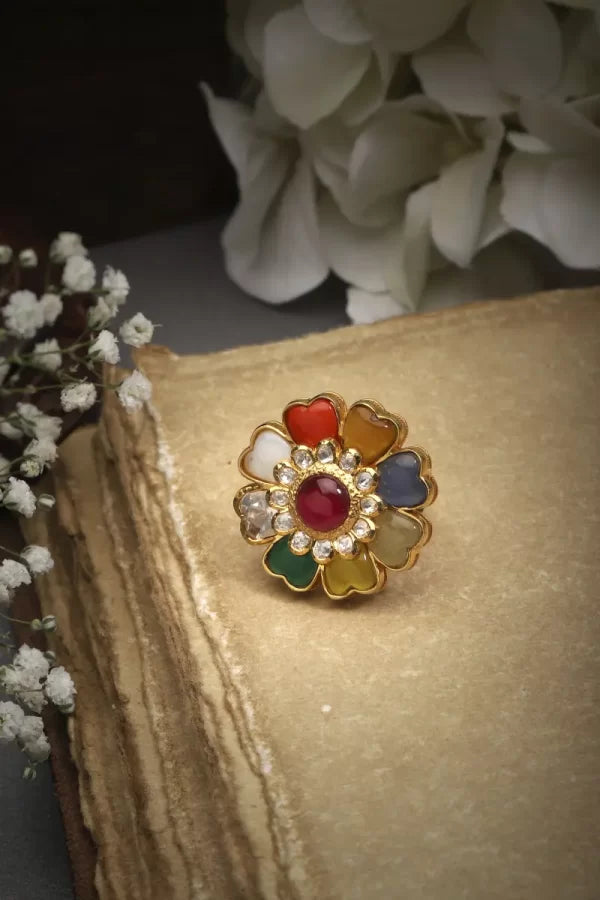 Sterling Silver Floral Navratna Ring Enchantica