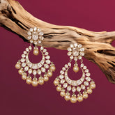 Gold Finish Moissanite Polki & Freshwater Pearl Chandbaali Earrings in 925 Sterling Silver
