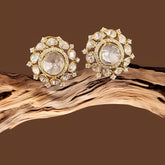 Gold Finish Moissanite Polki & Cubic Zirconia Stud Earrings In 925 Sterling Silver