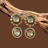 Gold Finish Moissanite Polki & CZ Enameled Dangler Earrings In 925 Sterling Silver