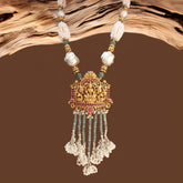 Gold finish Emerald stone & Freshwater Pearl Temple jewellery Necklace in 925 Sterling Silver