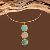 Gold finish three Gemstones Pendant Necklace in 925 Sterling Silver