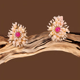 Gold Finish Floral Pearl Cluster Stud Earrings with Ruby Center in 925 Sterling Silver