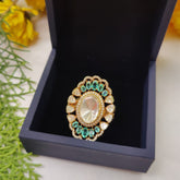 Emerald & Moissanite Polki Oval Statement Ring in 925 Sterling Silver