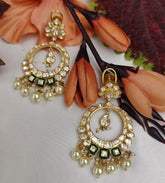 Gold Finish Moissanite Polki & Freshwater Pearl Dangler Earrings in Sterling Silver