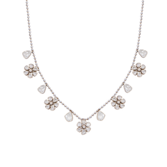 Solitaire and Floral Moissanite Polki Necklace with Beaded Designer Chain | 925 Sterling Silver | Jadau Jewelry