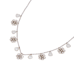 Solitaire and Floral Moissanite Polki Necklace with Beaded Designer Chain | 925 Sterling Silver | Jadau Jewelry