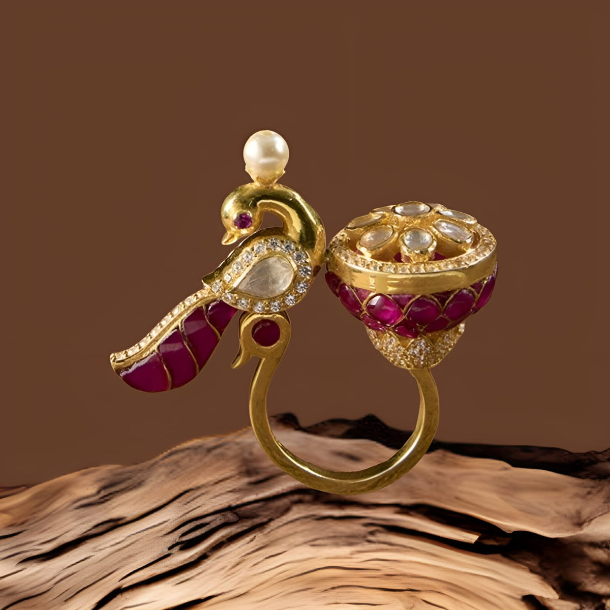 Gold Finish Ruby Peacock Dual Ring in 925 Sterling Silver