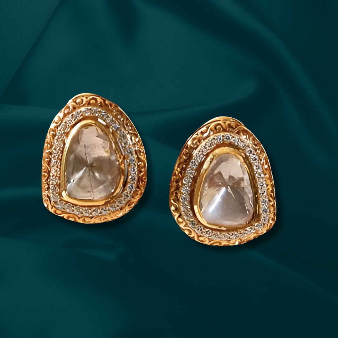 Gold Finish CZ & Moissanite Polki Stud Earrings | 925 Sterling Silver | 18kt Gold Plated