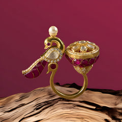 Gold Finish Ruby Peacock Dual Ring in 925 Sterling Silver