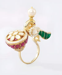 Gold Finish Ruby Peacock Dual Ring in 925 Sterling Silver