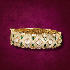 Gold finish Moissanite Polki & Emerald Bangle | 925 Sterling Silver | 18kt Gold Plated