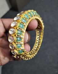 Elegant Tennis Polki Openable Bangle with Emerald Enameling | 925 Sterling Silver | 18kt Gold Plated | Jadau Jewelry