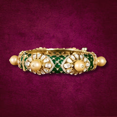 Gold Finish  Moissanite Polki & Emerald Bangle In 925 Sterling Silver