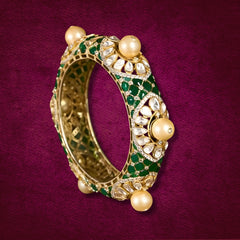 Gold Finish  Moissanite Polki & Emerald Bangle In 925 Sterling Silver
