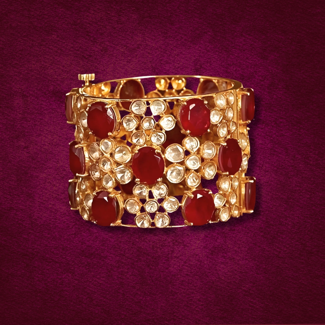 Gold finish Moissanite Polki & Synthetic Ruby Bangle | 925 Sterling Silver | 18kt Gold Plating