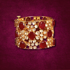 Gold finish Moissanite Polki & Synthetic Ruby Bangle | 925 Sterling Silver | 18kt Gold Plating