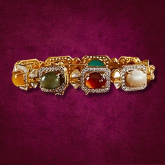 Yellow Gold finish Moissanite Polki & Navratna Stone Bracelet | 925 Sterling Silver | 18kt Gold Plated