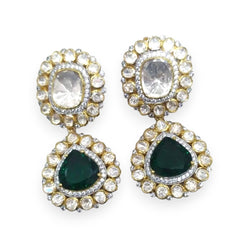 Halo Emerald and Moissanite Polki Earrings | 925 Sterling Silver | 18kt Gold Plated | Best Gift for Women | Jadau Jewelry