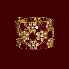 Gold finish Moissanite Polki & Synthetic Ruby Bangle | 925 Sterling Silver | 18kt Gold Plating
