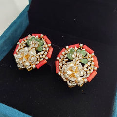 Gold finish Coral Bloom Kundan Stud Earrings in 925 Sterling silver