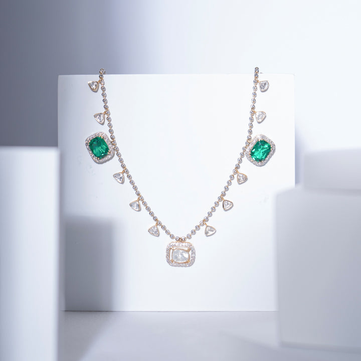 Emerald and Moissanite Polki Necklace with Beaded Designer Chain | 925 Sterling Silver | Jadau Jewelry