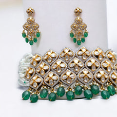 Exquisite Floral Choker Necklace and Earring Set with Emerald and Pearls, Adjustable Necklace | 925 Sterling Silver | 18kt Gold Plated | Jadau Jewelry