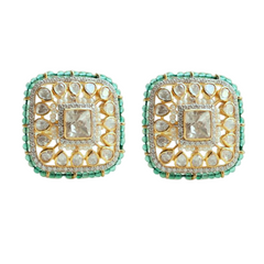 Elegant Square and Pear Polki Earrings with Emerald and Pearls, Silver Pushbacks | 925 Sterling Silver | 18kt Gold Plated | Jadau Jewelry