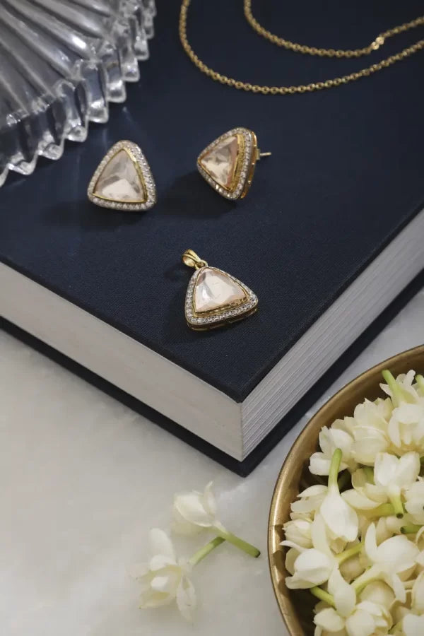 Elegant Triangle Halo Moissanite Polki Pendant & Stud Earring Set | 925 Sterling Silver | 18kt Gold Plated | Best Gift for Women | Jadau Jewelry