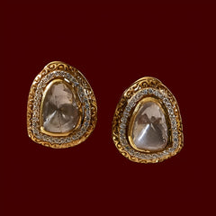 Gold Finish CZ & Moissanite Polki Stud Earrings | 925 Sterling Silver | 18kt Gold Plated