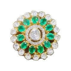 Exquisite Emerald and Polki Double Halo Ring | 925 Sterling Silver | 18kt Gold Plated | Best Gift for Women |Jadau Jewelry