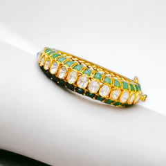 Elegant Tennis Polki Openable Bangle with Emerald Enameling | 925 Sterling Silver | 18kt Gold Plated | Jadau Jewelry