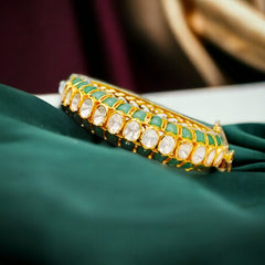 Elegant Tennis Polki Openable Bangle with Emerald Enameling | 925 Sterling Silver | 18kt Gold Plated | Jadau Jewelry