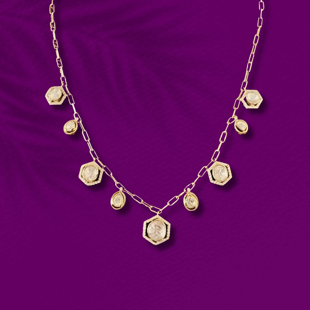 Gold Finish Moissanite Polki & CZ Necklace in 925 Sterling Silver