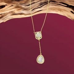 Dual Pendant Moissanite Polki Drop Necklace with Gold finish in 925 Sterling Silver