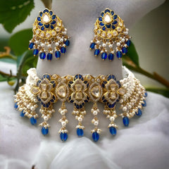 Exquisite Blue Fine Kundan Moissanite Polki and Pearl Choker Set with Earrings | 925 Sterling Silver | 18kt Gold Plated |Jadau Jewelry