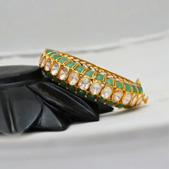 Elegant Tennis Polki Openable Bangle with Emerald Enameling | 925 Sterling Silver | 18kt Gold Plated | Jadau Jewelry