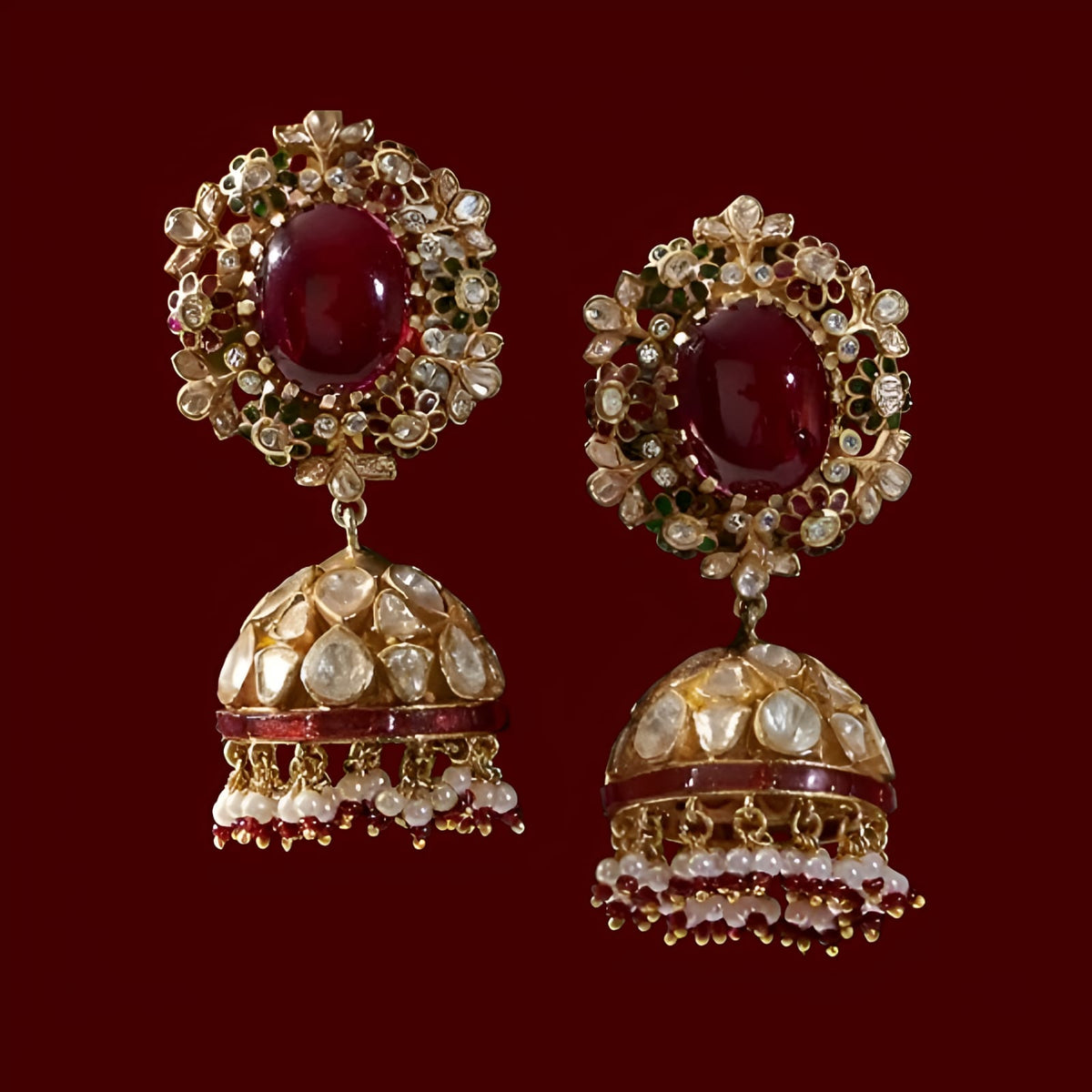 Gold finish Ruby & Moissanite Polki Jhumka Earrings | 925 Sterling Silver | 18kt Gold Plated