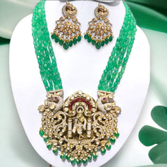 Opulent Temple Jewelry: Emerald and Moissanite Polki Necklace with Peacock Motifs and Matching Earrings | 925 Sterling Silver | Jadau Jewelry