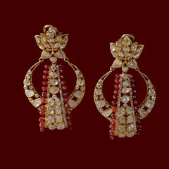 Gold finish Synthetic Ruby Stone & Moissanite Polki Dangler Earrings | 925 Sterling Silver | 18kt Gold Plated